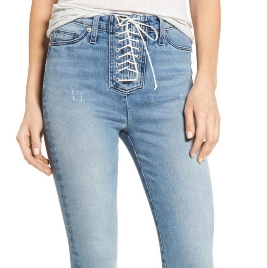 New Hudson Bullocks White Lace Up Blue Distressed Skinny Jeans 25